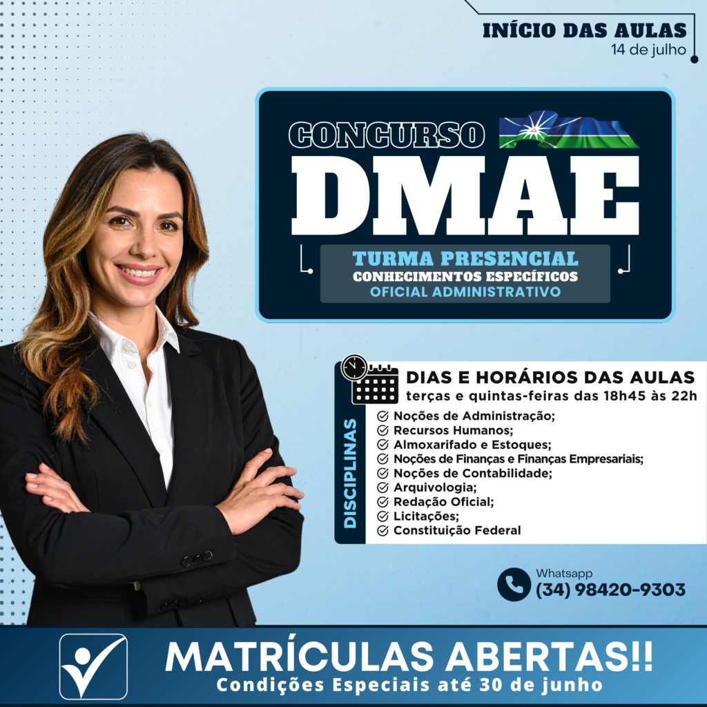 Curso Presencial, destinado aos candidatos que desejam se preparar com QUALIDADE para o Concurso de Oficial Administrativo do Departamento Municipal de Água e Esgoto de Uberlândia - DMAE.

O ICL é REFERÊNCIA na preparação para concursos organizados pela FUNDEP! São mais de 2 mil aprovações só nos últimos concursos, como Prefeitura de Uberlândia (2019), DMAE (2020), IPREMU (2021), Câmara Municipal de Uberlândia (2021) e FUTEL (2023).

Com certeza, ao estudar com a gente, você terá uma preparação completa e totalmente direcionada ao estilo de provas da FUNDEP!

Professores Especialistas e com vasta experiência em provas de concursos;
Apostila completa (teoria / exercícios) e com impressão colorida que faz toda a diferença na preparação do(a) candidato(a);
Simulados no padrão da banca organizadora e muito mais...